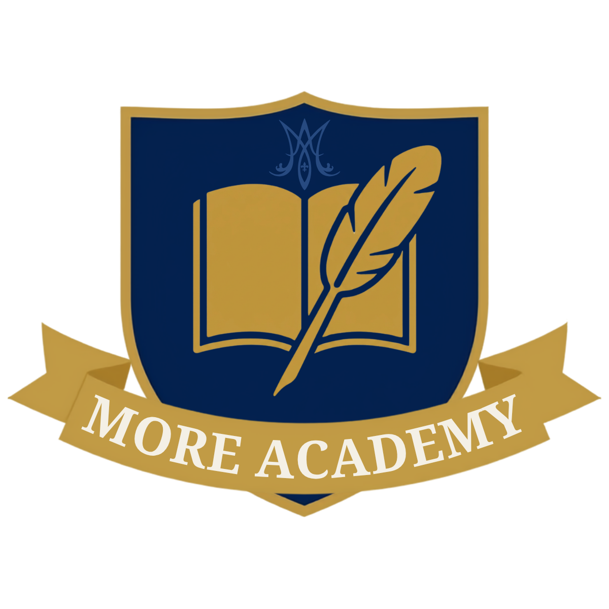 Brasão da More Academy: livro aberto e pena dourados sobre escudo azul-marinho